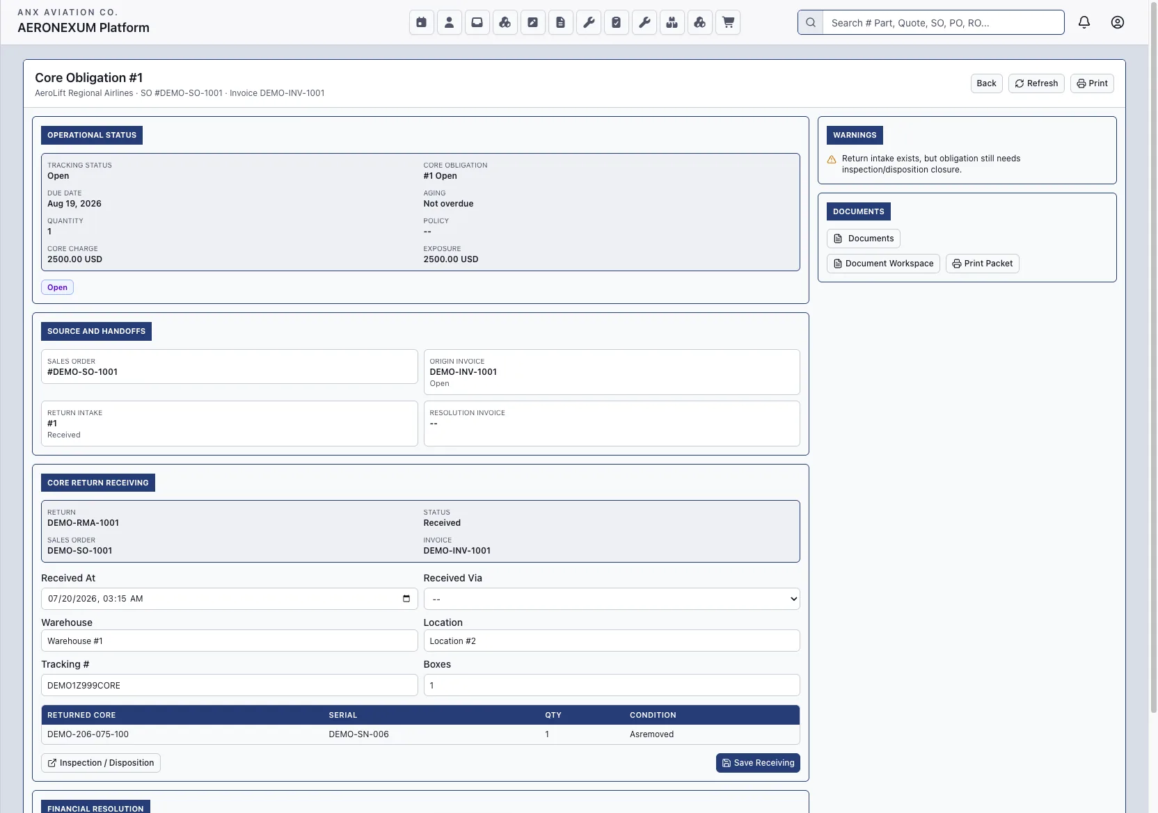 Aeronexum core obligation tracking screen with return receiving and financial resolution