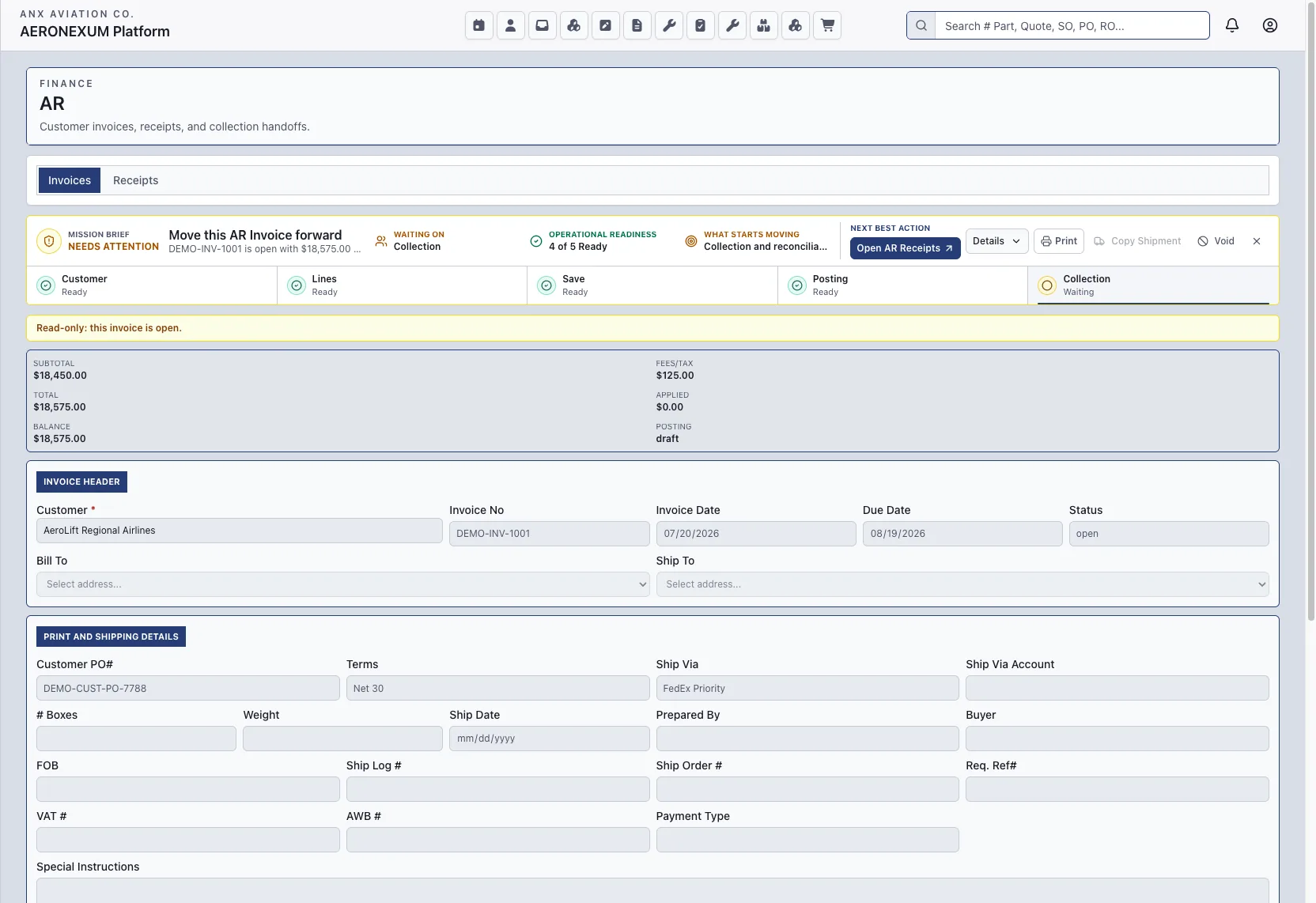 Aeronexum invoicing screen