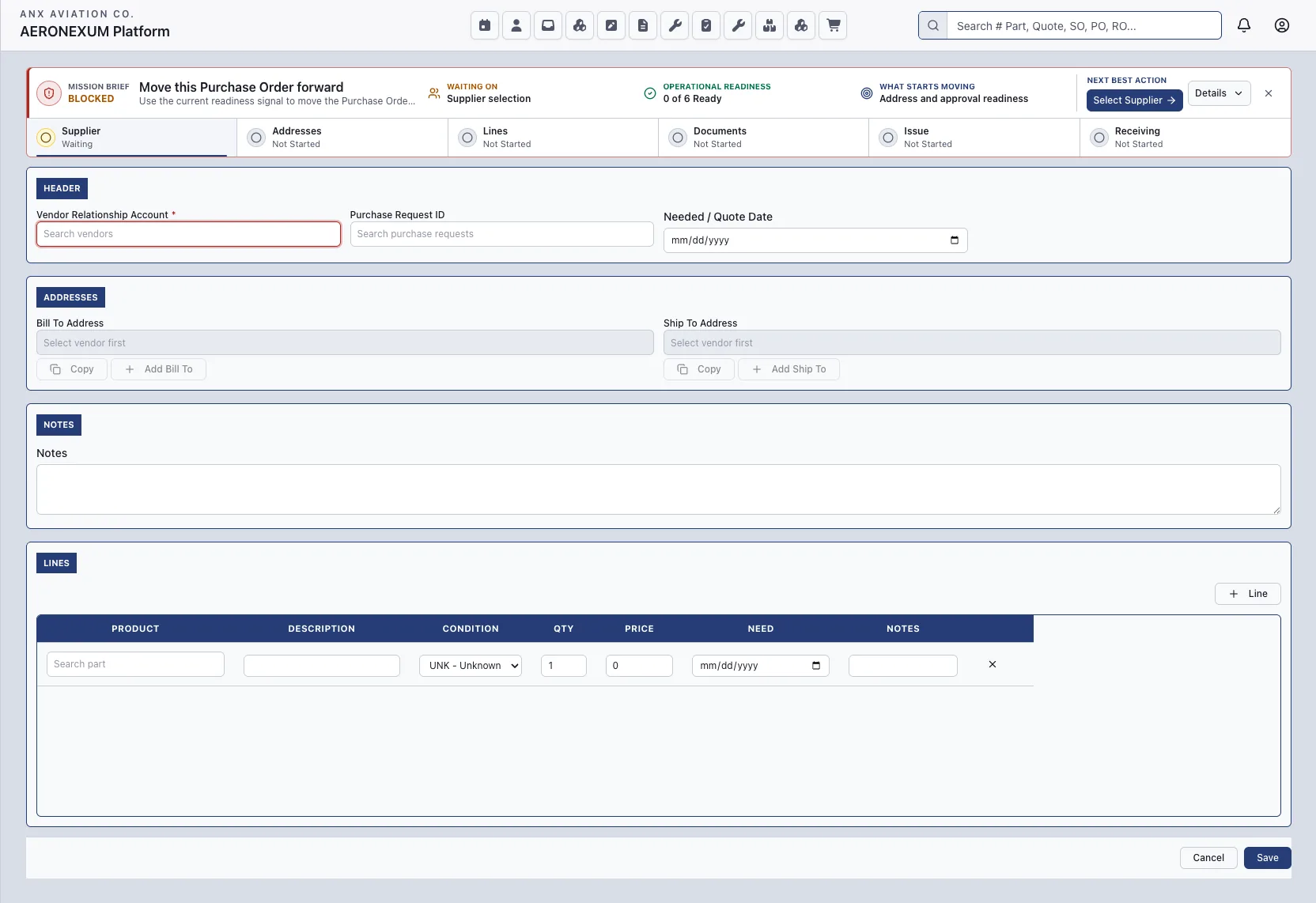 Aeronexum purchase order management screen