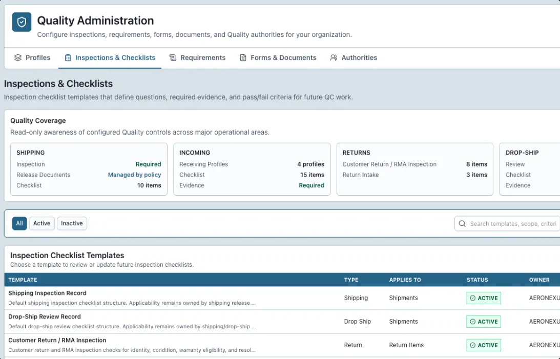 Aeronexum Quality Administration workspace showing inspection checklist templates, quality coverage across shipping, incoming and returns, and template status