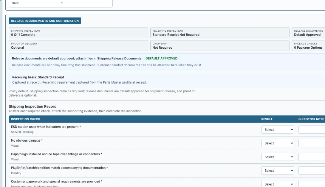 Aeronexum shipping release screen showing release requirements, shipping inspection progress, receiving basis and the required inspection checks
